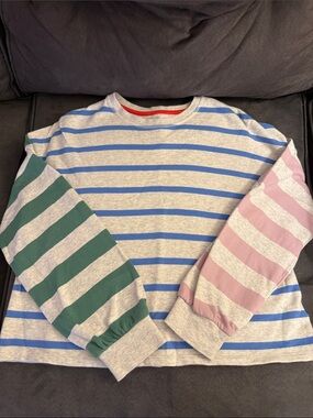 NWOT Boden Size 11-12 Striped Crewneck Sweatshirt in Blue, Green & Pink